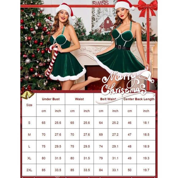 Women Green Sexy Santa Lingerie Dress Santa Claus Costumes Halter Neck Babydoll - Picture 6 of 6